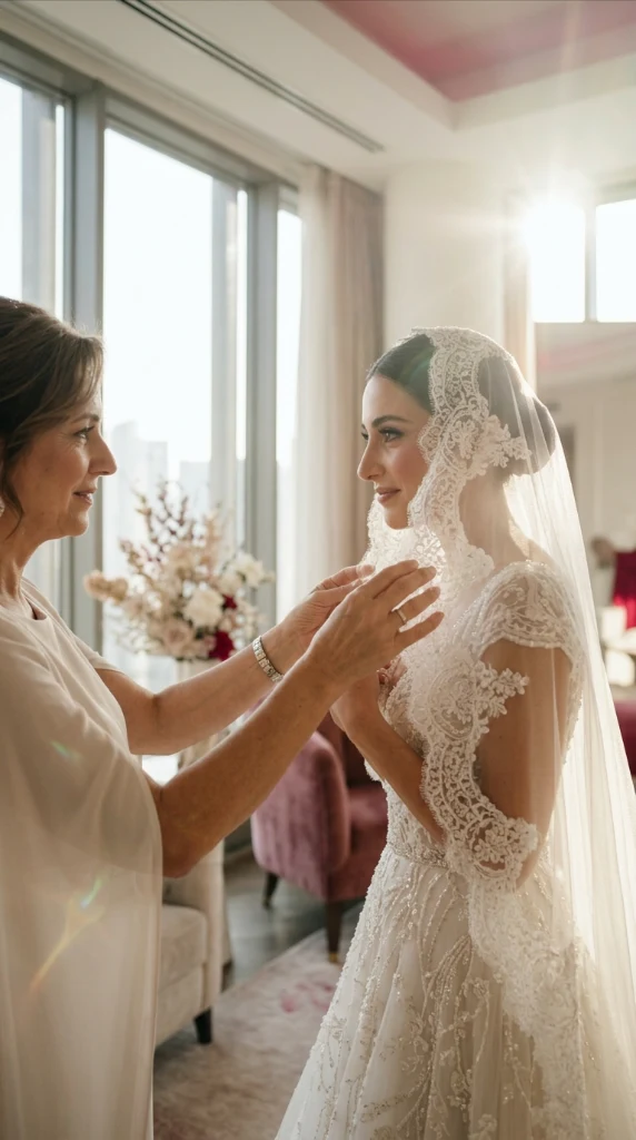 Mãe ajudando a noiva com o véu